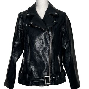 Old Navy Black Faux Leather Moto Jacket Zipper Detail with Belt Womens Size L